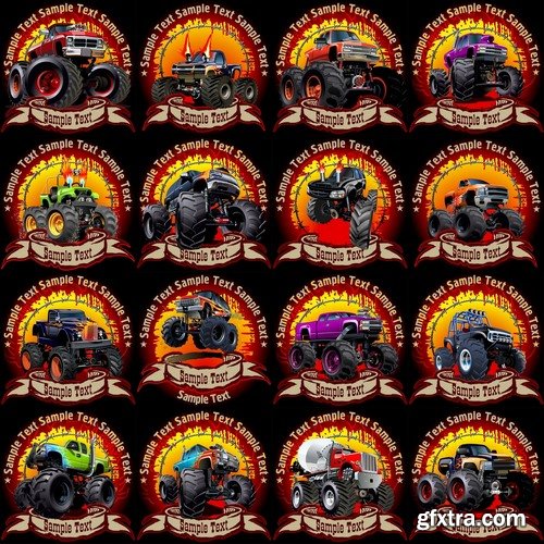 Collection of vector image printing on t-shirts monster truck huge wheel 25 Eps