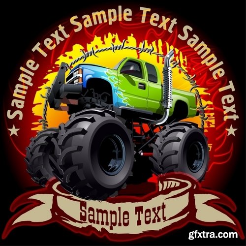 Collection of vector image printing on t-shirts monster truck huge wheel 25 Eps