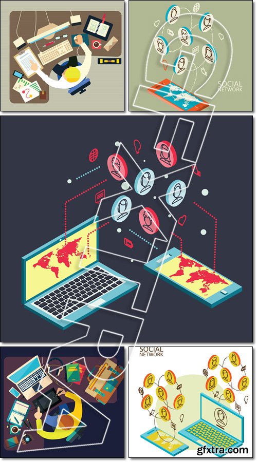 Conceptual image with social networks. Flat isometry - Vector