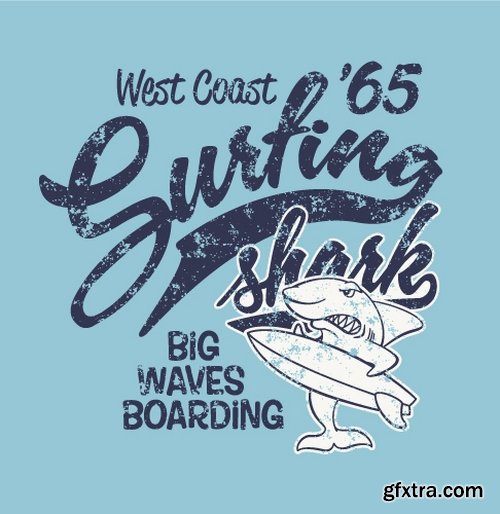 Collection of vector image printing on a T-shirt surfing surfboard 25 Eps