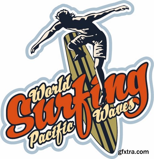 Collection of vector image printing on a T-shirt surfing surfboard 25 Eps