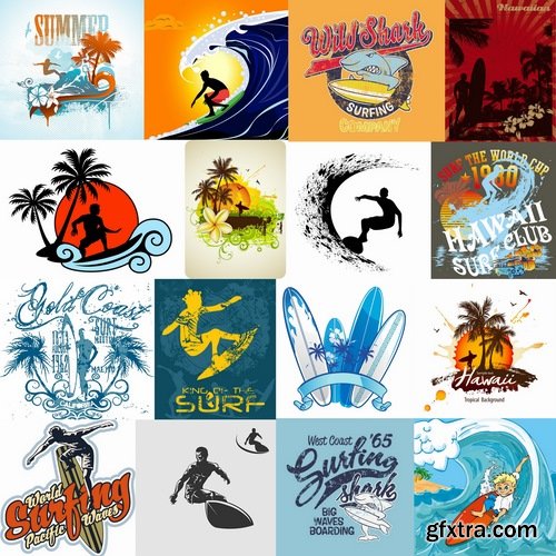 Collection of vector image printing on a T-shirt surfing surfboard 25 Eps