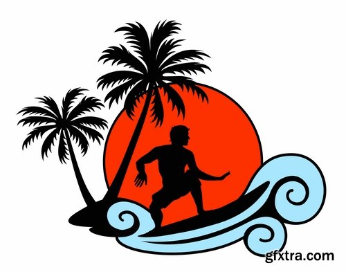 Collection of vector image printing on a T-shirt surfing surfboard 25 Eps