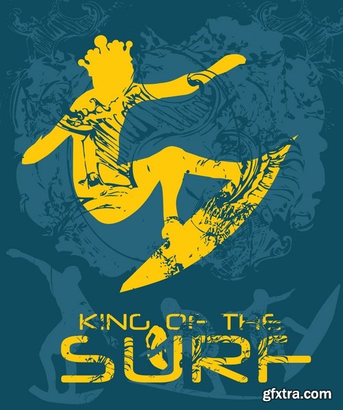 Collection of vector image printing on a T-shirt surfing surfboard 25 Eps