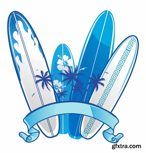 Collection of vector image printing on a T-shirt surfing surfboard 25 Eps