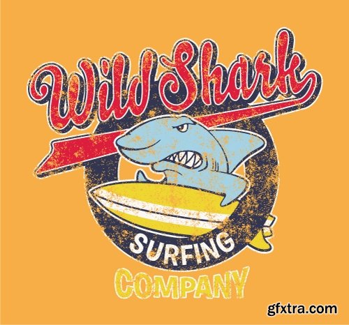 Collection of vector image printing on a T-shirt surfing surfboard 25 Eps