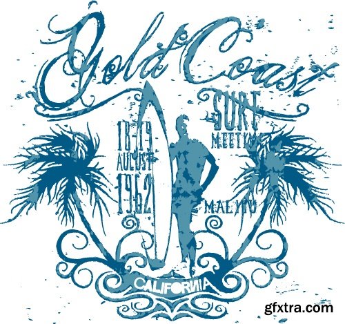 Collection of vector image printing on a T-shirt surfing surfboard 25 Eps