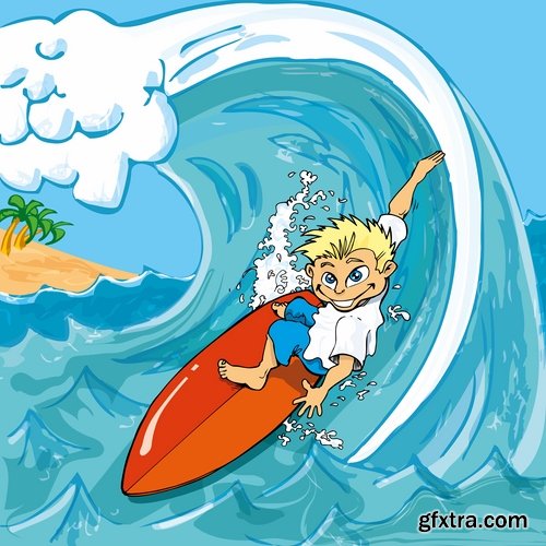 Collection of vector image printing on a T-shirt surfing surfboard 25 Eps