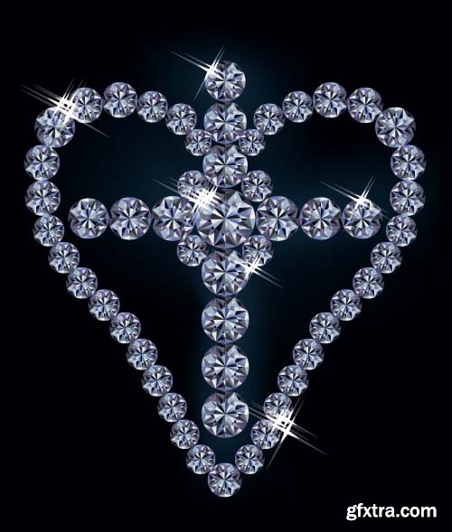 Crown cross and heart with diamonds 15x EPS