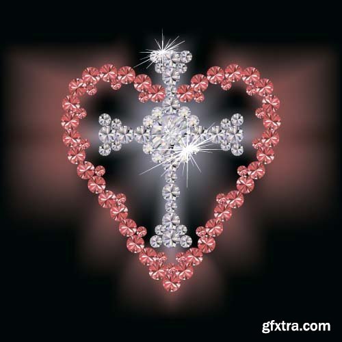 Crown cross and heart with diamonds 15x EPS