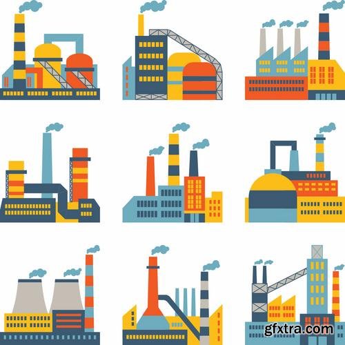 Stock Vector - Flat Industrial Factory Buildings Set, 25EPS