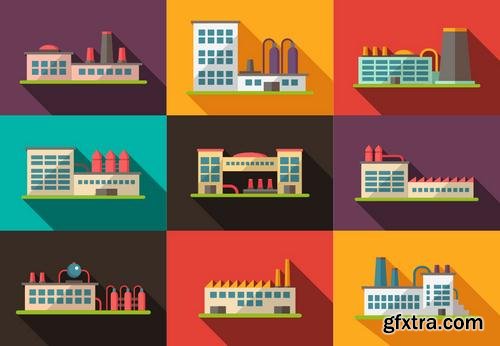 Stock Vector - Flat Industrial Factory Buildings Set, 25EPS