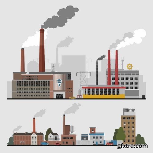 Stock Vector - Flat Industrial Factory Buildings Set, 25EPS