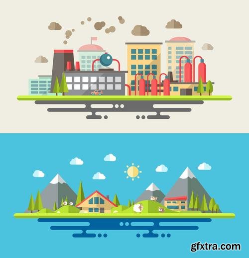 Stock Vector - Flat Industrial Factory Buildings Set, 25EPS