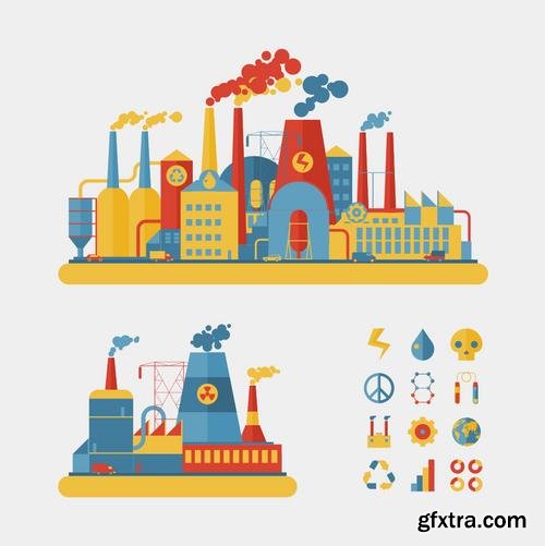 Stock Vector - Flat Industrial Factory Buildings Set, 25EPS