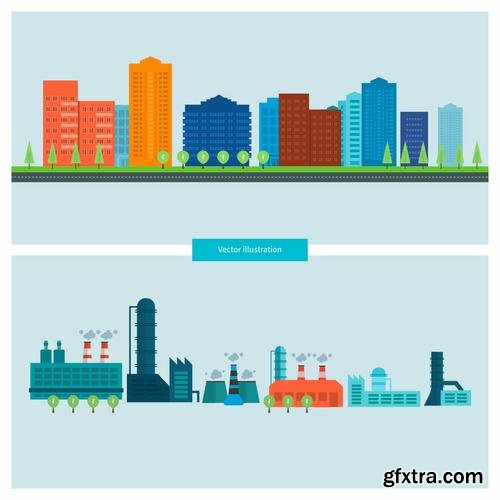 Stock Vector - Flat Industrial Factory Buildings Set, 25EPS