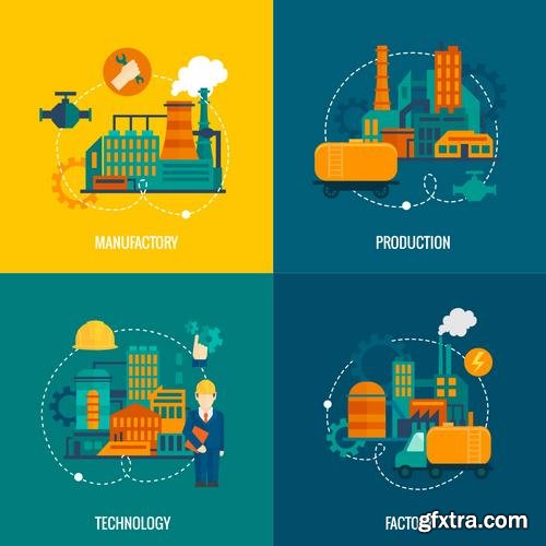 Stock Vector - Flat Industrial Factory Buildings Set, 25EPS