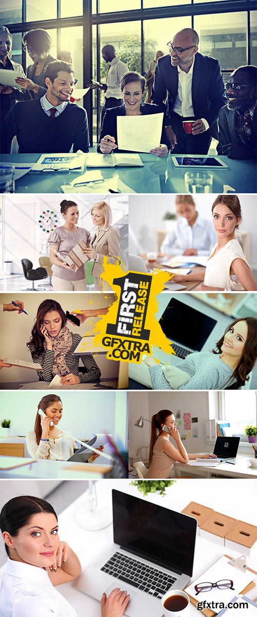 Stock Photo Portrait of businesswoman sitting at desk with a laptop