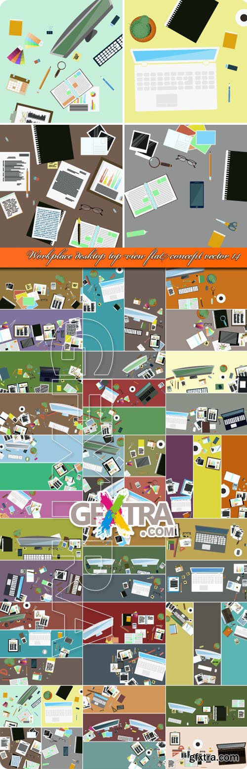 Workplace desktop top view flat concept vector 14