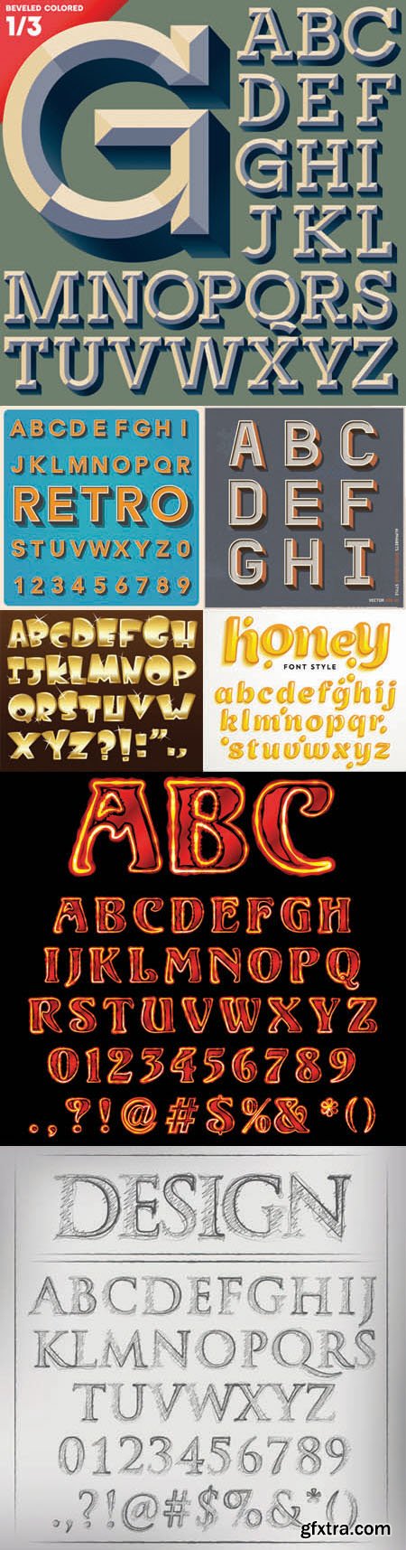 Creative Alphabet, Numeral and Punctuation Retro Color Style Vector