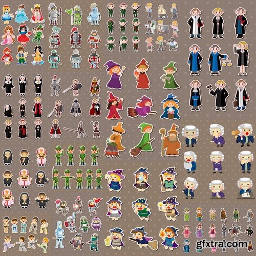 Collection of different vector picture cartoon characters athlete fairy knight criminal monk 25 Eps