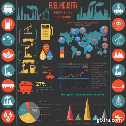 Collection of vector picture oil extraction factory infographics 25 Eps