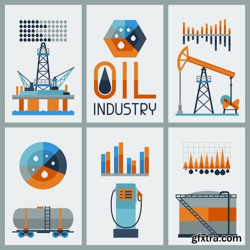 Collection of vector picture oil extraction factory infographics 25 Eps