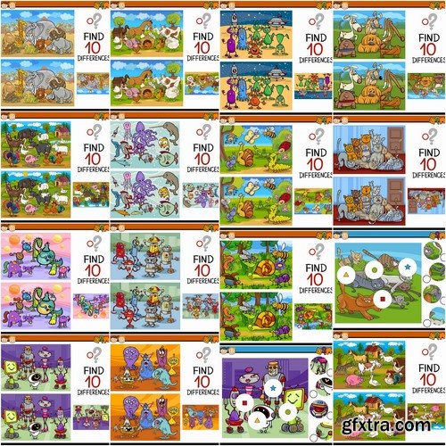 Collection of vector picture children jigsaw puzzles Spot the difference 25 Eps