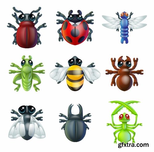 Collection of vector insects picture beetle butterfly caterpillar dragonfly spider 25 Eps