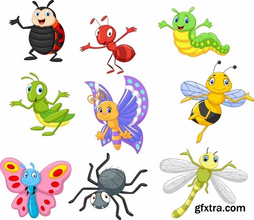 Collection of vector insects picture beetle butterfly caterpillar dragonfly spider 25 Eps