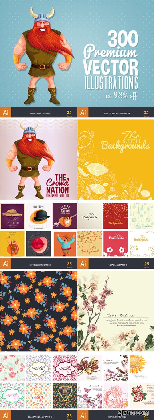 Get 300 Premium Vector Illustrations from 12 Different Categories at 98% OFF