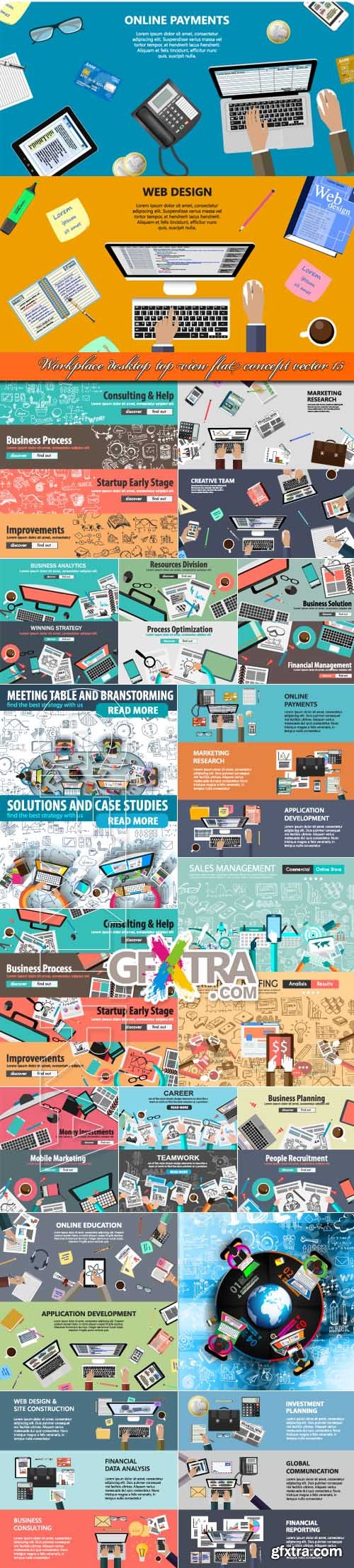 Workplace desktop top view flat concept vector 15