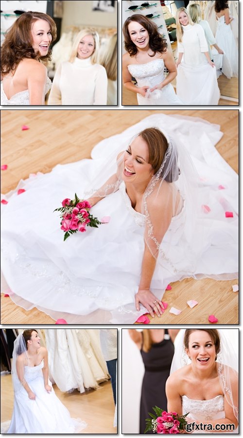 Bride: Wedding Gown, Laughing Bride On Floor With Petals Around - Stock photo