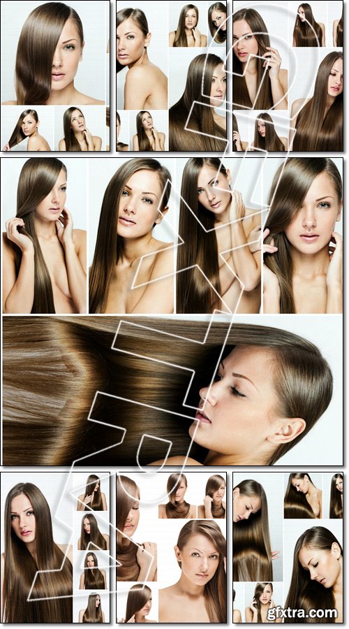 Fashion hairstyle collage, natural long shiny healthy hair - Stock photo