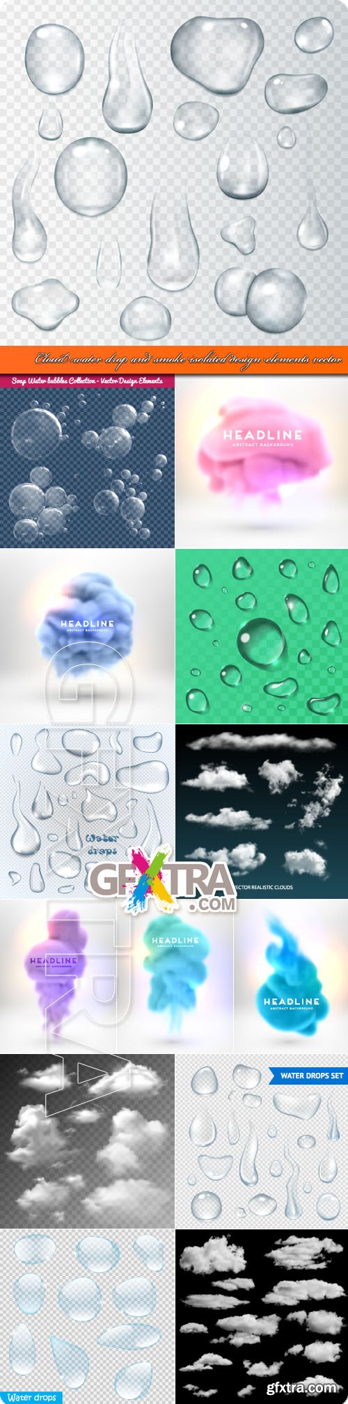 Cloud water drop and smoke isolated design elements vector