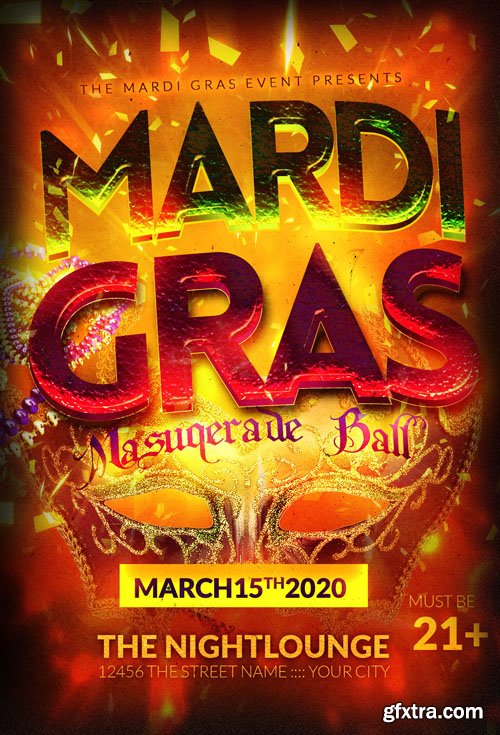 Mardi Gras PSD Party Flyer Template