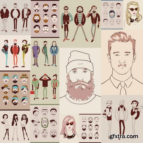 Collection of vector image of human face with different facial expressions hipster style 25 Eps