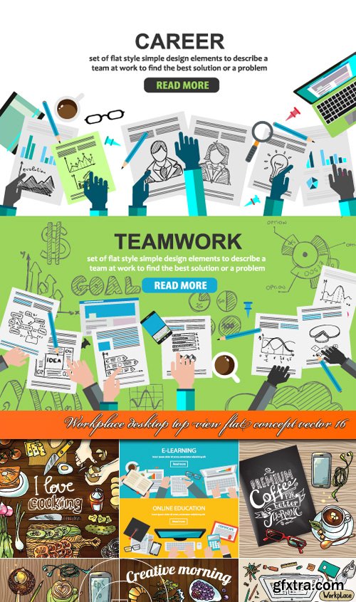 Workplace desktop top view flat concept vector 16