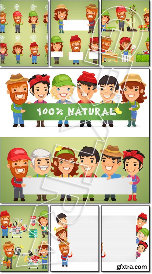 Farmers with Icons Set - Vector