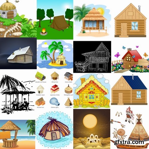 Collection of vector image house and lodge ethnic construction 25 Eps