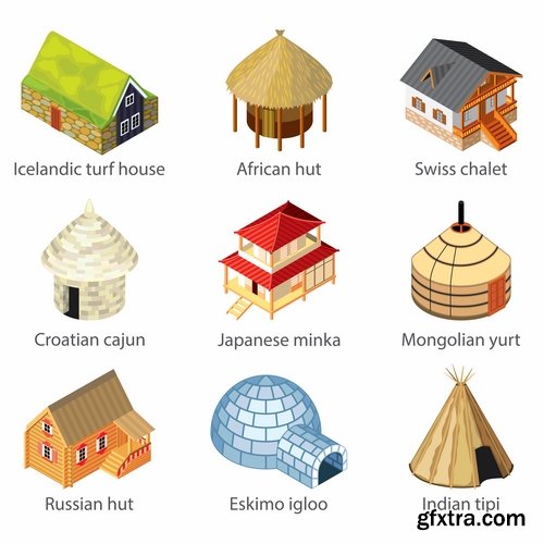 Collection of vector image house and lodge ethnic construction 25 Eps