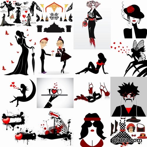 Collection of vector silhouettes picture grunge heart a girl dreams 25 Eps