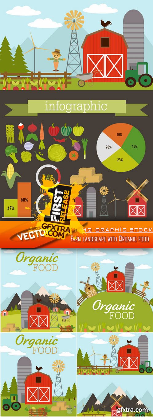 Stock Vector - Farm landscape with Organic food