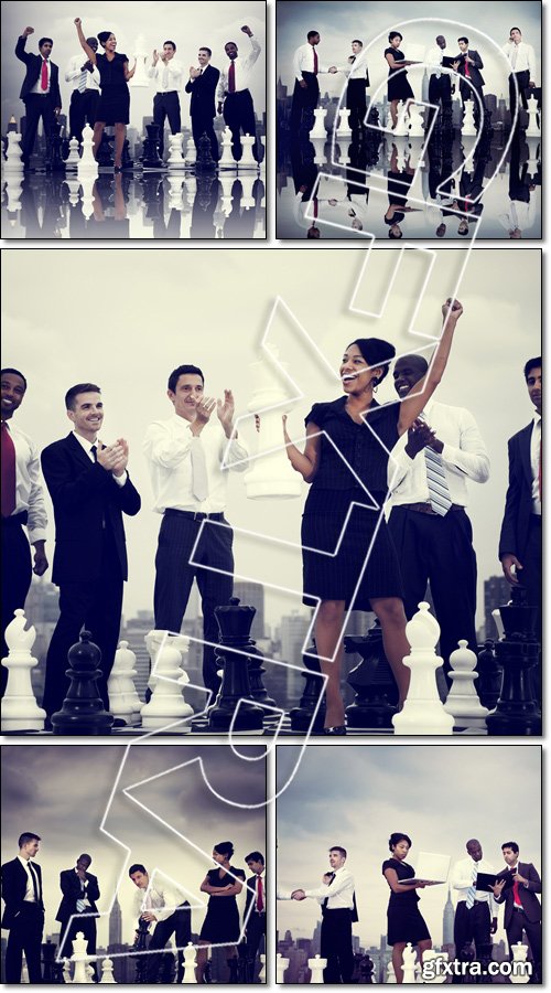 Business People New York Meeting Concepts, Celebration Winning Chess Game - Stock photo