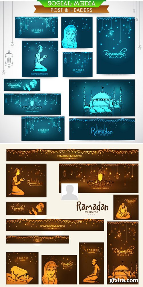 Stock Vectors - Shiny social media ads header or banner set with various Islamic elements for holy month of Muslim community, Ramadan Kareem celebration