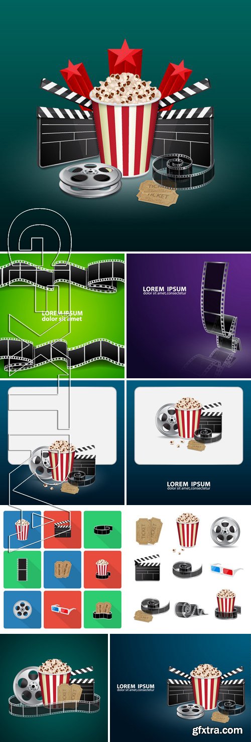 Stock Vectors - Filmstrip, reel, film clapper with vintage ticket and popcorn. Movie background. Cinema concept