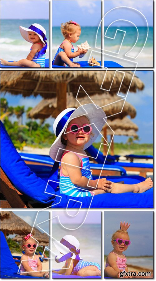 Cute little girl in big hat on summer beach - Stock photo