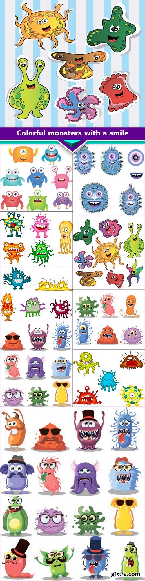 Colorful monsters with a smile 10x EPS