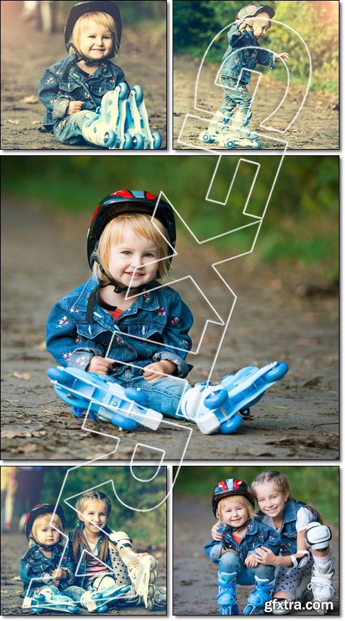 Sisters, little girl on roller skates  - Stock photo