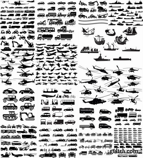 Collection vector silhouette picture grunge helicopter transport plane passenger car 25 Eps